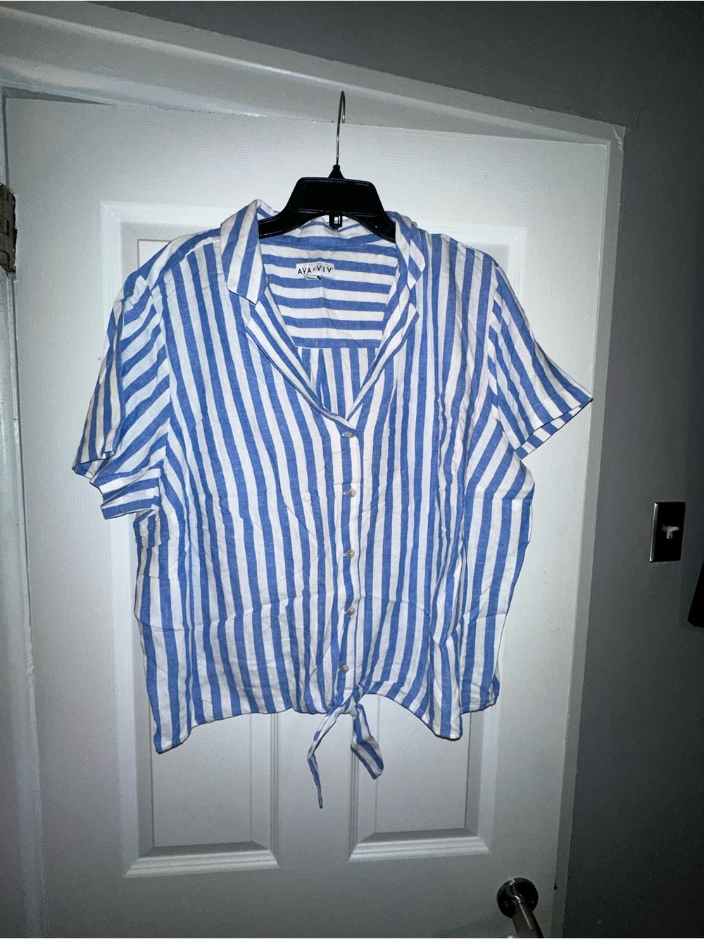 Ava & Viv Blue and White Striped Tie-Front Button Down Top